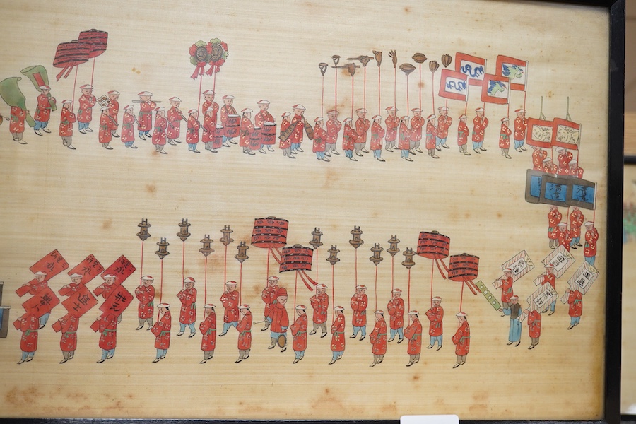 Chinese School, Figural processions, pair of watercolours on silk, 26 x 64cm